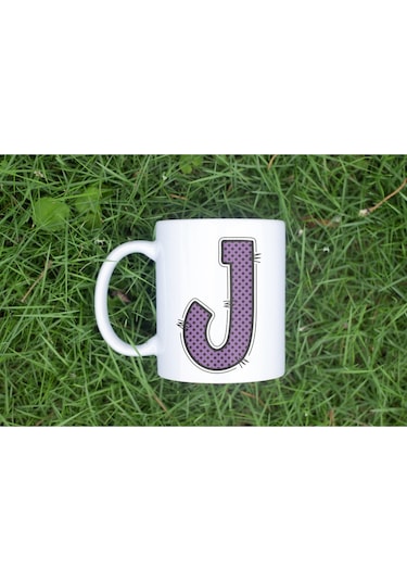 J Harfi Mor Puantiyeli Kupa Bardak - Polka Dot Tasarım Kahve Çay Bardak - Kişiye Özel Hediyelik Beyaz