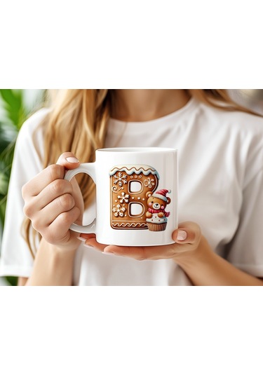 B Kurabiye Harf Ve Ayıcık Detaylı Kupa Bardak - Yeni Yıl / Yılbaşı Temalı Tasarım - Noel Hediye Beyaz