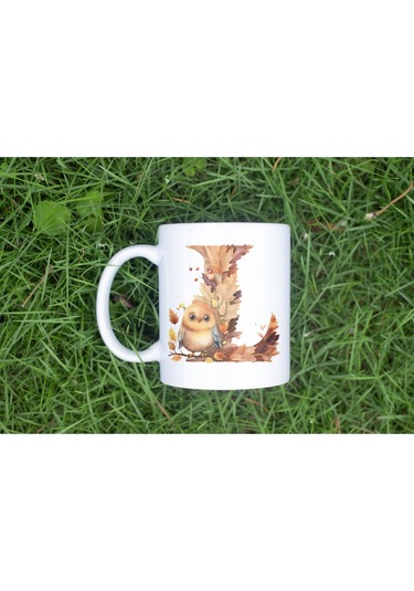 L Harf Sonbahar Yaprak Temalı Kupa Bardak - Sevimli Figürler İle Alfabe Harfli Bardak - Kişiye Özel Beyaz