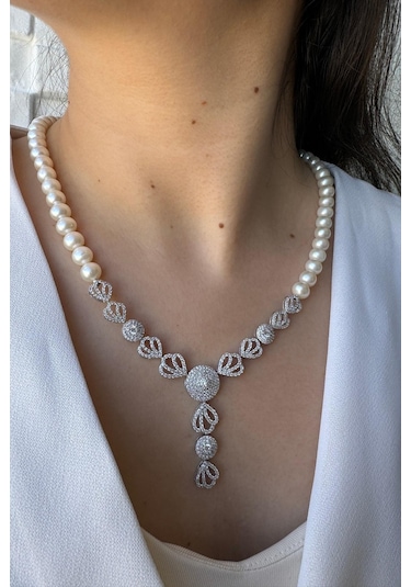 7,5 Mm Zirkon Taşlı İnci Kolye Bilelik Küpe Yüzük Dörtlü Set 9 / Rose Gümüş