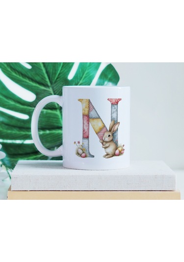 N Harfli Tavşan Kupa - Patchwork / Yamalı Desenli İsme Özel Kupa - Pastel Vintage Tarz Hediyelik Beyaz