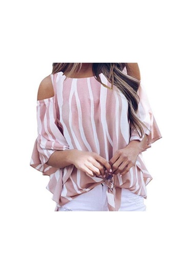 Kadın Gömlek Yuvarlak Yaka Askısız Bol Dikey Çizgili Günlük Üst Pembe
