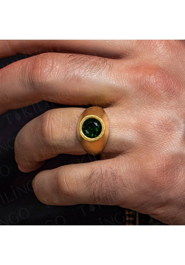925 Ayar Gümüş Altın Kaplama Yuvarlak Yeşil Zirkon Taşlı Sade Erkek Yüzük Gümüş