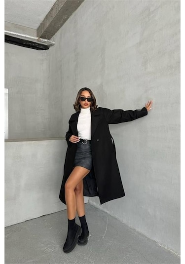 Dip Moda Kadın Astarlı Siyah İthal Kaşe Kaban Dpnbg048 Siyah