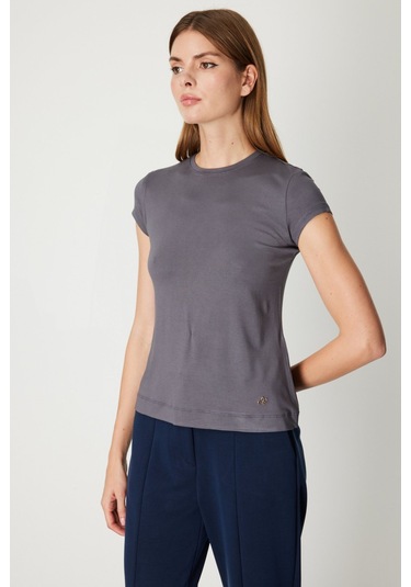 On Kadın Sıfır Yaka Ay Kol Basic Bluz 61302 Antrasit Antrasit