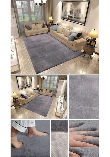 Raschel Carpet Kesme Yolluk Kaymaz Taban Yumuşak Peluş Halı Koyu Gri