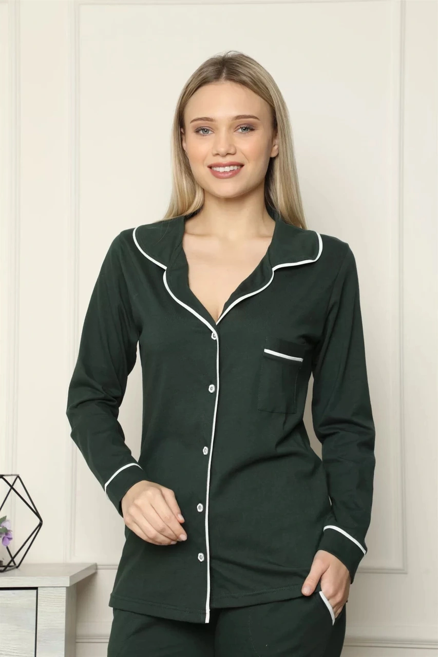 Moda Kadın %100 Pamuk Penye Önden Düğmeli Uzun Kol Pijama Takım Yeşil Yeşil