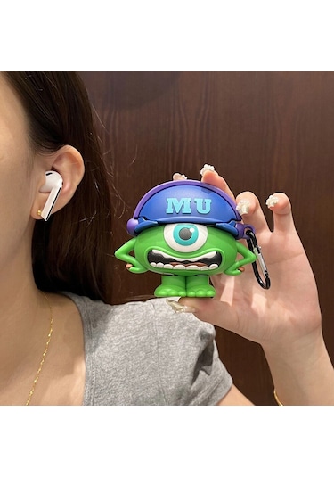 Apple Airpods Pro 3. Nesil 2025 Uyumlu Figürlü Silikon Kılıf Anahtarlıklı Kılıf Kahverengi - Yeşil