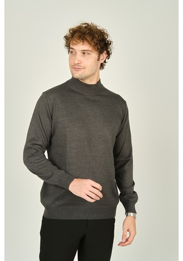 Ateş Triko Erkek Yarım Balıkçı Yaka Yün Kazak 0004 Koyu Gri Koyu Gri
