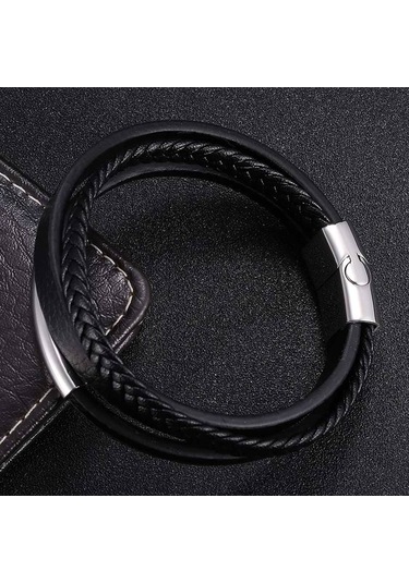 Punk Çok Katmanlı Örgülü Sarma Erkek Deri Bileklikler Paslanmaz Çelik Charm Toka El Yapımı Bilezikler Takı Hediye Siyah