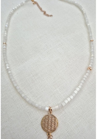 Sedef Boru Boncuklu Yaşam Çiçeği Kolye Uçlu Bayan Kolye