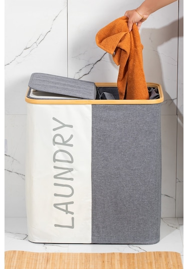 Porsima Mio-103 Bambu 2 Bölmeli Banyo Kirli Çamaşır Sepeti Banyo Düzenleyici Sepet 59x53,5 Cm Renkli