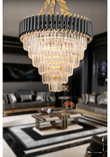 Avizemoda Palmira 60 Cm'Lik Kristal Taşlı Lüks Avize 6'Lı - (Siyah-Gold)