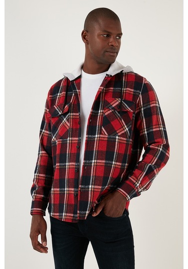 Buratti Ekoseli Çift Cepli Kapüşonlu Oduncu Erkek Gömlek Cf22W2650 Kırmızı-Lacivert