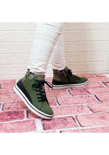 Voyager 8498 Kadın Haki Yeşil Hakiki Deri Kaymaz Taban Fermuarlı