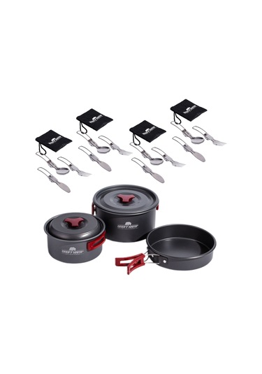 11 Parça Kamp Tencere Tava Ve 4 Çatal Kaşık Bıçak Seti TT-CKB4-2907 Açık Gri