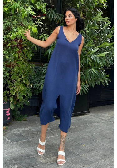 Lacivert V Yaka Uzun Salaş Elbise Lacivert
