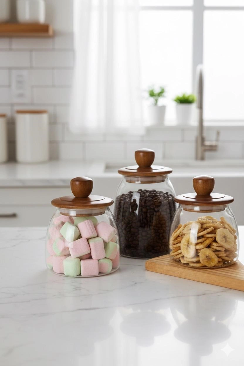 Qerhome 3'lü Akasya Kapaklı Herry Borosilikat Konik Cam Kavanoz 500 -700-950 Ml Şeffaf