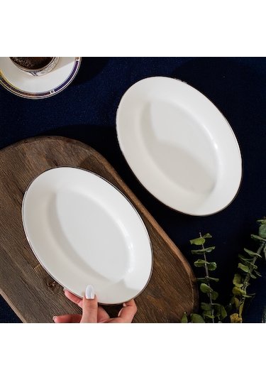 Porsima 4443 Gardenya Porselen Platin Fileli Kayık Tabak Seti - Oval Kahvaltılık Sunumluk Seti 20cm Beyaz