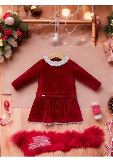 Cantoy Kız Bebek Kırmızı Kadife Tasarım Elbise-15216 Kırmızı