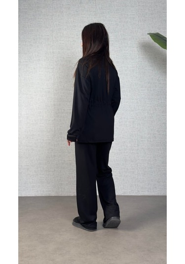 Kadın Uzun Kollu Yaka Ve Büzgü Detay Tunik Ve Pantolon Ikili Takım Siyah