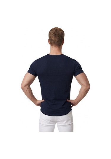 Deepsea Erkek Lacivert Geniş Yaka Likralı Tişört Oval Yaka Slim Fit Eteği Oval Açık Yaka T-shirt 1801199 Lacivert