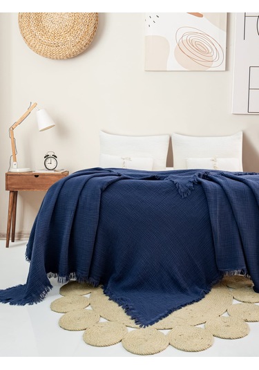4 Katlı Müslin Yatak Örtüsü - Lacivert Renk Çift Kişilik Pike Lacivert