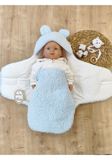 Peluş Bebek Dış Kundağı Oyuncaklı Uyku Tulumu Hastane Çıkışı Hediyelik Sarma Battaniye Mavi