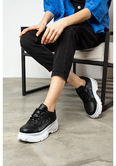 Günlük Kadın Spor Ayakkabı Yüksek Kalın Taban 6 Cm Suni Deri Sneaker 001 Siyah - Beyaz