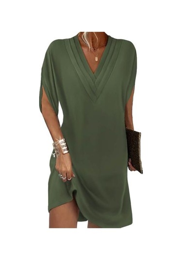 Kadın Elbise V Yaka Pilili Yarım Yarasa Kollu Düz Renk Gevşek Yumuşak Nefes İşe Gidip Diz Üstü Mini Elbise Askeri Yeşil