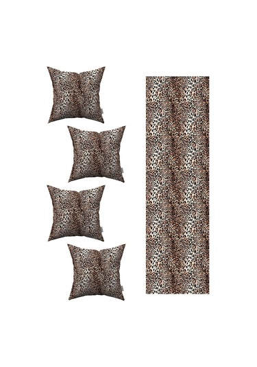 Kahverengi Siyah Leopar Desenli 4'lü Kırlent Kılıfı 1 Runner Seti 4kmbs209-rs