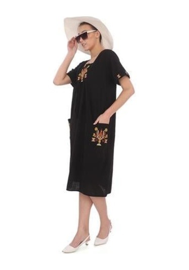 Yarım Kol Yuvarlak Yaka İşlemeli Keten Elbise-9166 Siyah