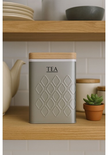 Ahşap Görünümlü Metal Kapaklı 1 Adet Gofreli Gri Çay Saklama Kutusu & Kavanoz 17 11 8 Cm Gri