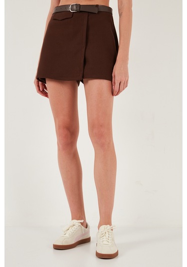 Lela Pamuk Karışımlı Relaxed Fit Yüksek Bel Mini Boy Bayan Şort Etek 611Sr0037 Kahve