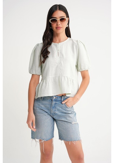 4713 Kadın Beli Büzgülü Kolu Lastikli Bol Müslin Bluz Adaçayı Adaçayı