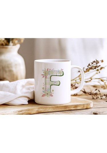 F Harfli Çiçek Desenli Kupa Bardak - Ekose Desenli Yeşil Pembe Desenli Tasarım - Kişiye Özel Hediye Beyaz