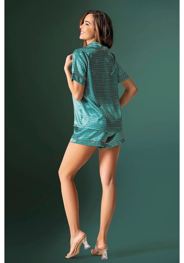 Loomerie 1600 Kadın Saten Kısa Kollu Şortlu Pijama Takımı-mavi Mavi