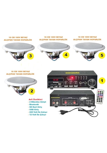 Tavan Hoparlör Seti 1 Adet Anfi+4 Adet 100v 16 Cm Tavan Hoparlör
