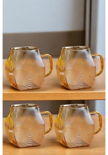 Qerhome Borosilikat Cam Amber Salyangoz Desenli Bardak 4 Adet 300 Ml Altın
