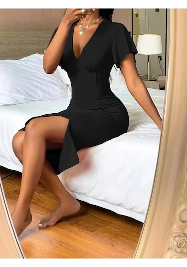 Ahes Shopping Kadın Kısa Kollu Derin Dekolte V Yakalı Yırtmaçlı Midi Janjan Krep Elbise Siyah