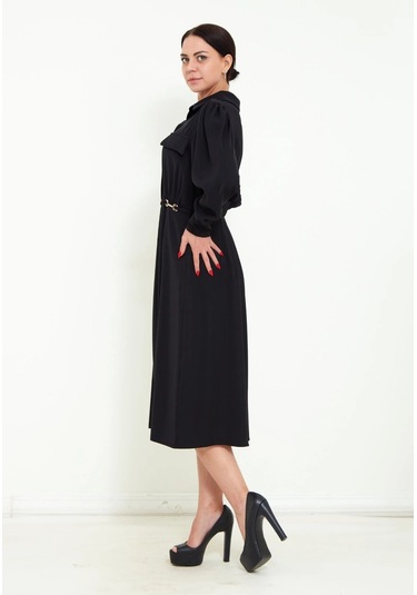 Modatalika Kadın Pile Detaylı Kemerli Gömlek Yaka Şık Uzun Kolu Midi Elbise Siyah