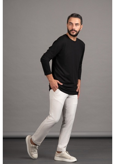 Regular Fit Bisiklet Yaka Rayon Kumaş Full Likralı Uzun Kol Sweatshirt Siyah