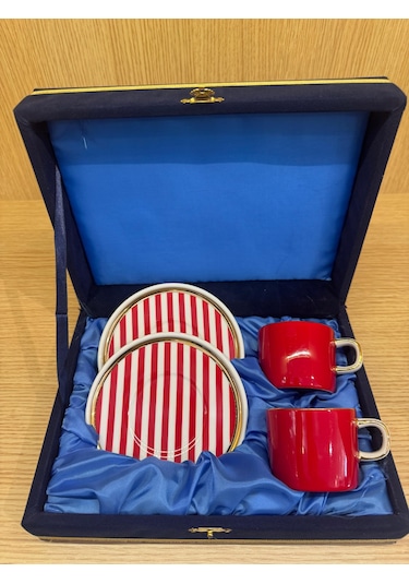 Güral Porselen Altın Yaldızlı El Dekoru 2 Kişilik Türk Kahve Fincan Takımı Kırmızı - Beyaz