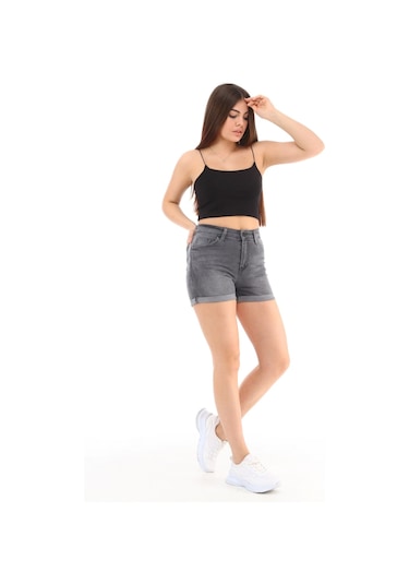 Cedy Denim Kadın Yüksek Bel Duble Paça Kot Şort Klasik Mini Jean Şort C604 GRİ