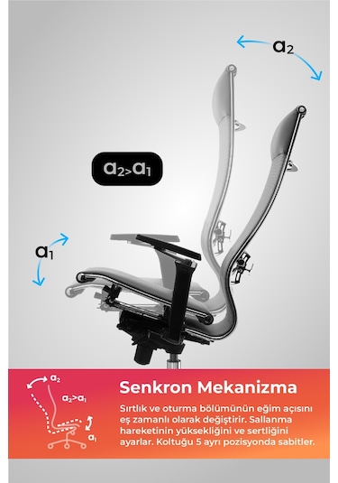 Samurai Ergonomik Koltuk Bel Destekli, Tekerlekli, Yükseklik Ayarlı, Yönetici Koltuğu -506.f.1.62 Koyu Gri