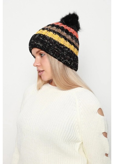 Ponpon Detay İçi Yünlü Renkli Örme Kadın Bere Rkş-23 Siyah Siyah
