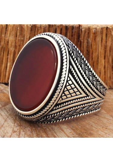 Örgü Tasarım Düz Kesim Akik Taşlı Gümüş Erkek Yüzük