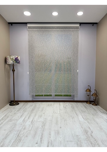Çift Mekanizmalı Gri Çizgili Desenli Tül Ve Beyaz Stor Perde - İthal Mat Polyester Gri