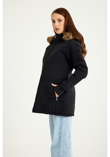 Barbora Kışlık Eldivenli Kapüşonlu Kürklü Kadın Şişme Mont Bt121siyah5 001