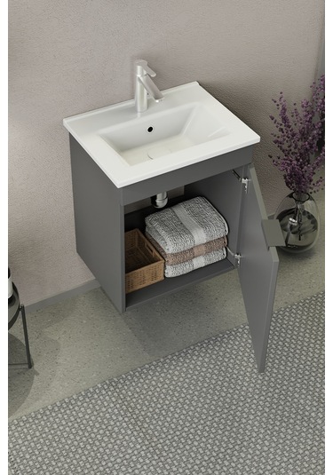 Biani Fix Arya Slım 50 Cm Banyo Dolabı,Seramik Lavabolu, Aynalı,Lavabo Dahil,Mdf,Mat Gri
